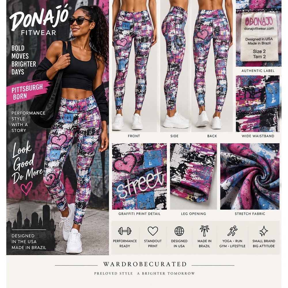 Dona Jo Graffiti Heart Performance Leggings Size 2 Pink Blue Made in Brazil